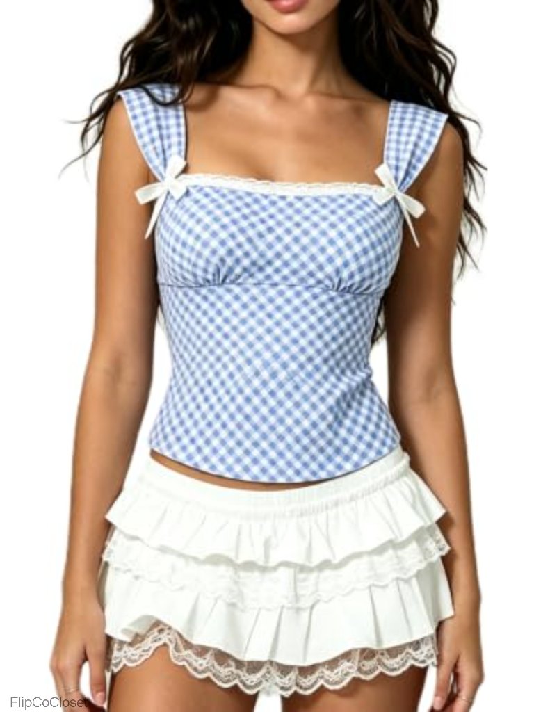 Square Neck Gingham Crop Tank Top Y2k Country Plaid Babydoll
